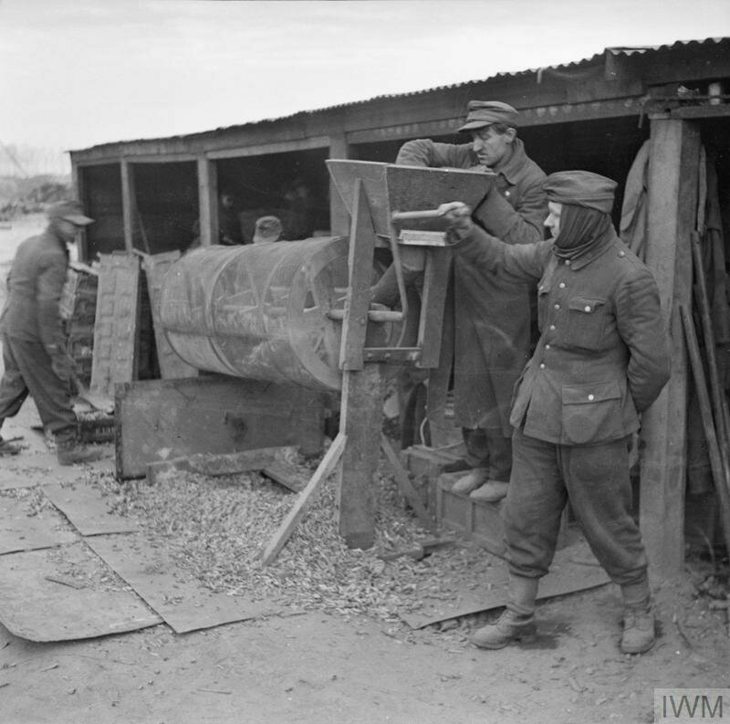 Немецкие военнопленные сортируют боеприпасы для переработки