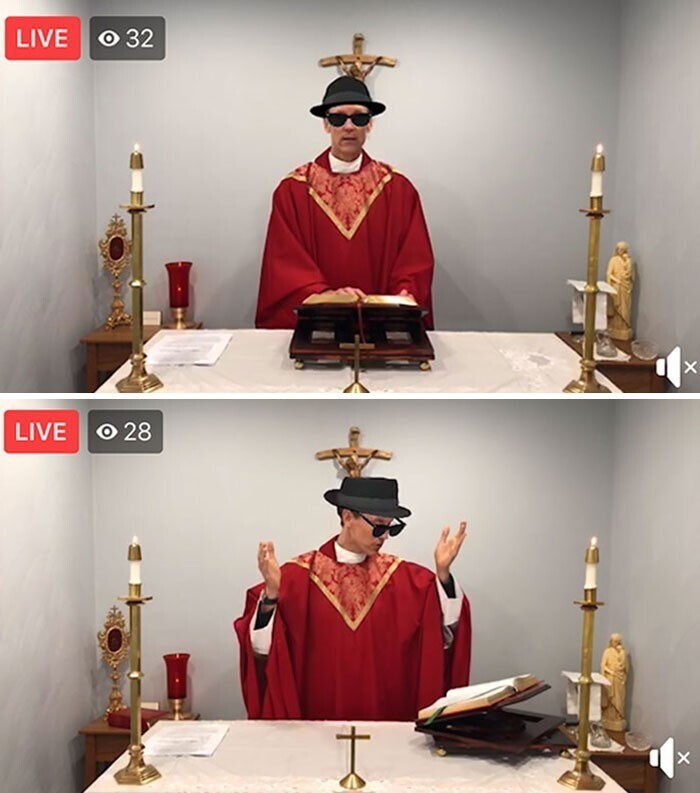Священник случайно провел онлайн-мессу с включенными фильтрами, добавляющими шляпу и темные очки