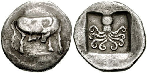 2500-летняя греческая серебряная монета Дидрахма из Эретрии с коровой и осьминогом