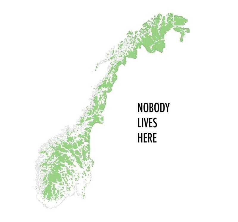 Зелёным выделена часть территории Норвегии, где никто не живёт