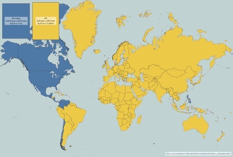 Мировая карта распространения двух основных форматов листов: Letter и А4
