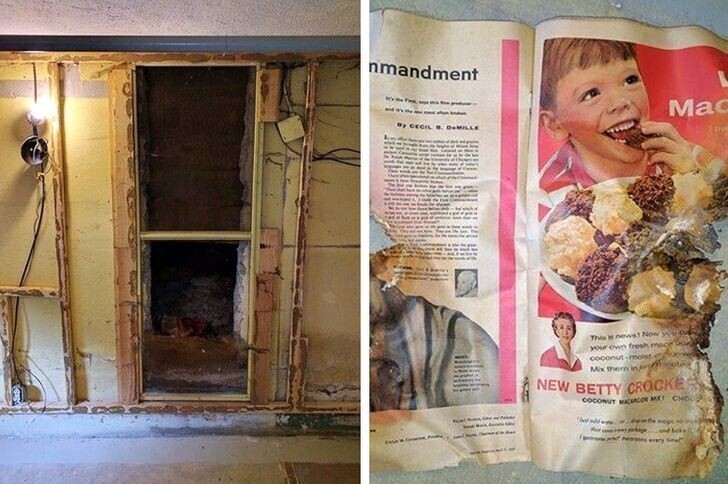 "Подвал нашего дома затопило, и мы снесли стены. Там неожиданно заметили старую дверь с сеткой, за которой лежала куча мусора. Там была страница из журнала 1957 года"