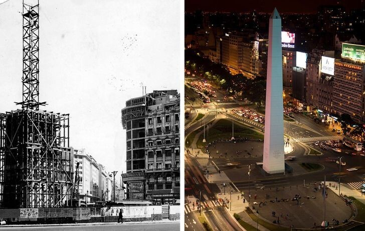 Начало строительства обелиска в Буэнос-Айресе в 1936 году и сегодня