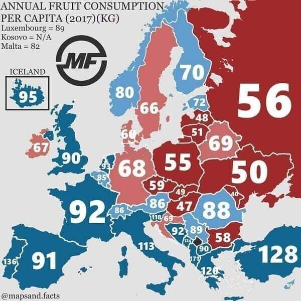 13. Годовое потребление фруктов в кг на душу населения в Европе