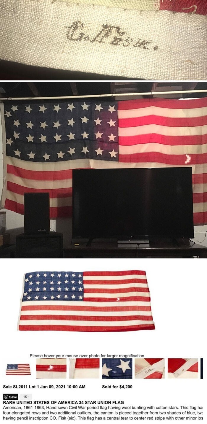 "Купил этот флаг на барахолке за 20 долларов, продал на аукционе за 4200 долларов. Оказалось, это флаг генерала Гражданской войны"
