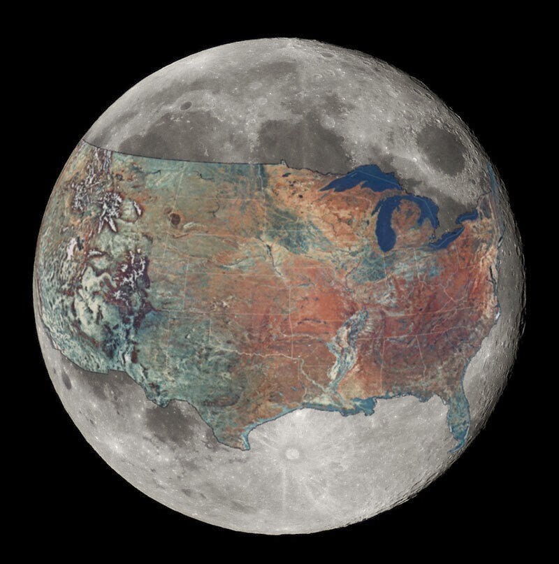 Соотношение размеров США и Луны