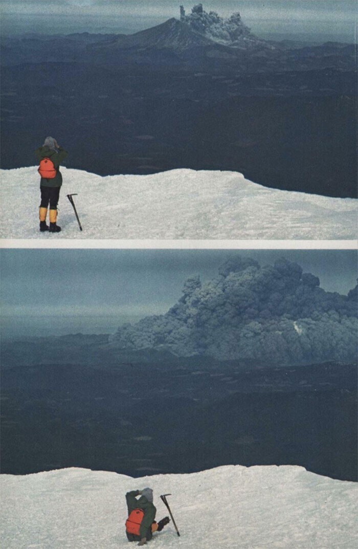 12. Фотография туриста, наблюдающего за извержением вулкана Сент-Хеленс с горы Адамс, примерно в 60 км к востоку