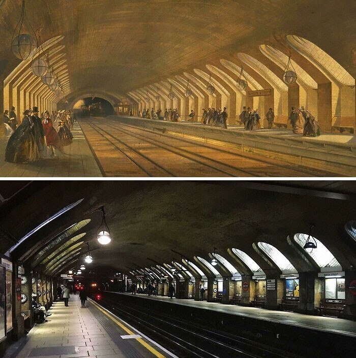 Самая старая в мире станция метро Бейкер-стрит, Лондон: фото с разницей 157 лет