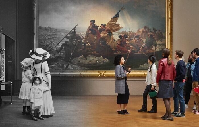 Посетители Метрополитен-музея рассматривают картину Эммануэля Лойце "Вашингтон переправляется через Делавэр",  1910 - 2019