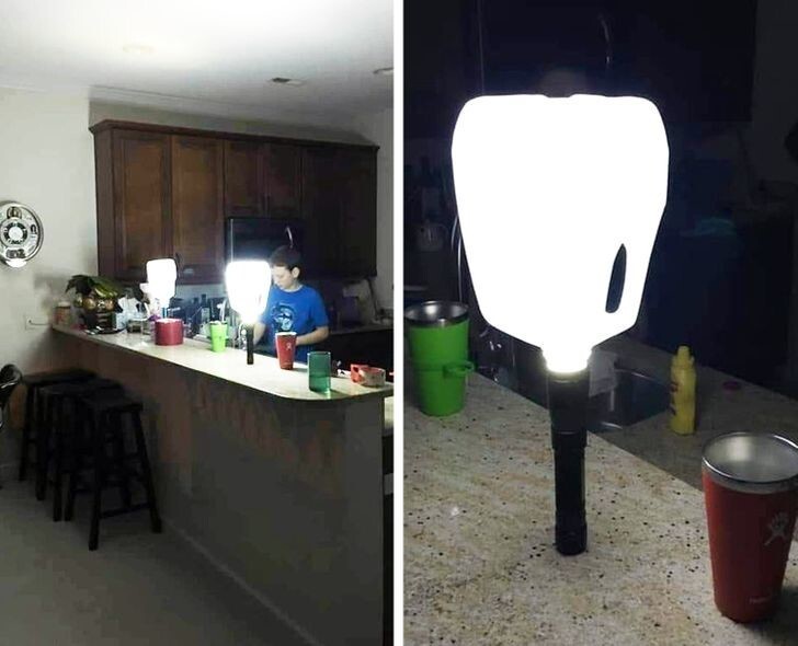 13. «Если в доме отключили электричество, с помощью пустых полупрозрачных канистр из-под воды можно значительно увеличить светоотдачу фонарика. Работает на отлично».