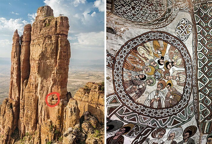 16. Абуна Йемата Гух - это монолитная церковь, расположенная в регионе Тыграй, Эфиопия, на высоте 2580 метров (вход в нее выделен красным кружком)