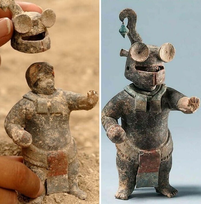 4. Керамическая фигурка майя со съемным шлемом возрастом 1500 лет, из Эль-Перу-Вака, Петен, Гватемала