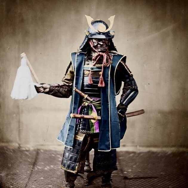 Кобото Сантаро, японский военный командир, одетый в традиционные доспехи. Фото 1863 года, Феличе Беато