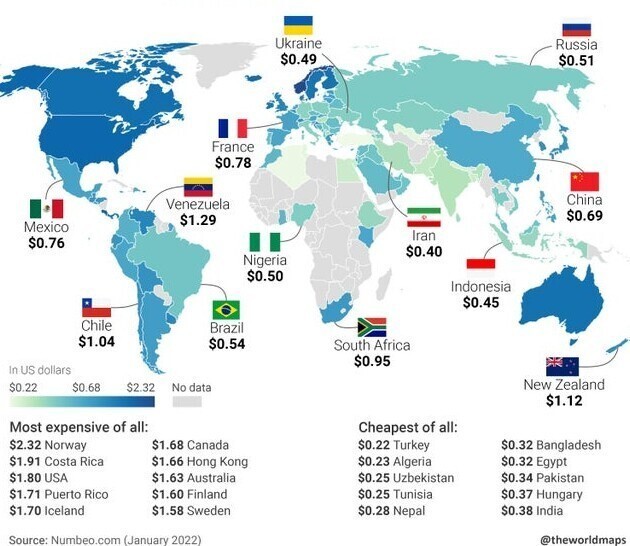 Сколько стоит бутылка питьевой воды (1,5 литра) в разных странах мира?