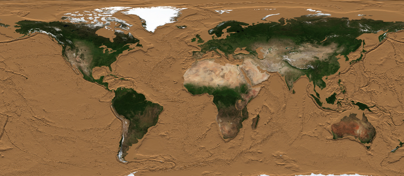 Карта мира при условии, что вода (в жидком состоянии) мгновенно исчезнет