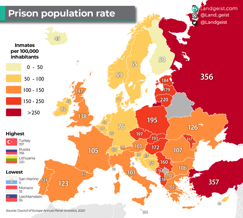 Количество заключенных в Европе на 100 000 человек