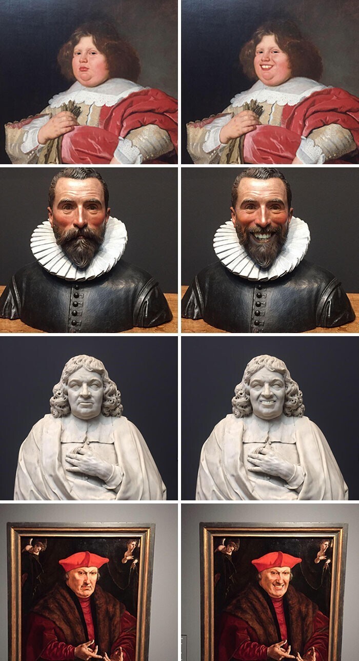 "Перед походом в музей загрузил приложение, которое делает мрачных персонажей картин и скульптур более радостными. И вот результат!"