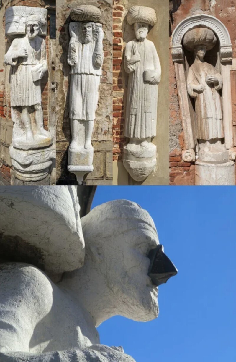 6. 4 статуи в Венеции, сделанные в 1300-х годах, изображающие 3 братьев-греков, приехавших в Венецию в 1112 году в качестве торговцев, и их раба