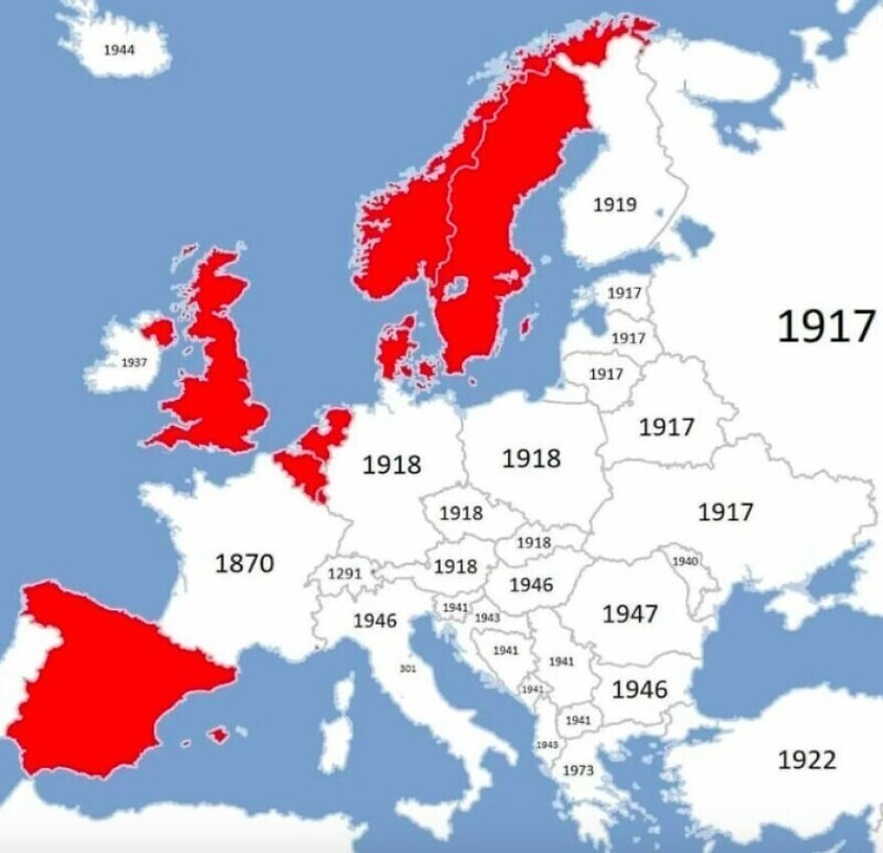 26. Год упразднения монархии в странах Европы. Красным цветом отмечены страны, в которых монархия все еще существует