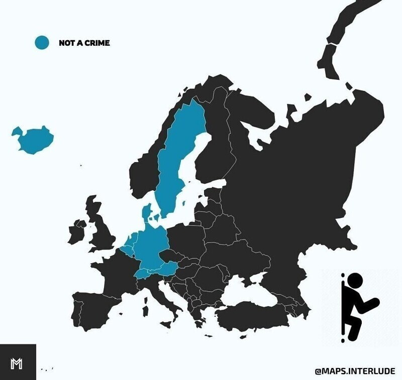 23. Синим отмечены страны Европы, в которых побег из тюрьмы не является преступлением