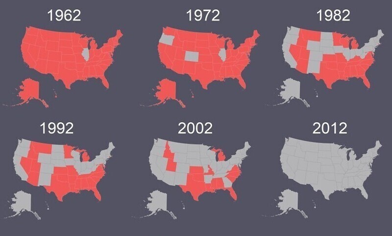 22. Красным цветом отмечены штаты США, в которых гомосексуальность была вне закона, с 1962 по 2012 год