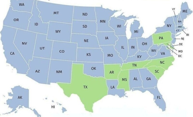 5. Зеленым цветом окрашены американские штаты, в которых атеистам запрещено занимать государственные должности