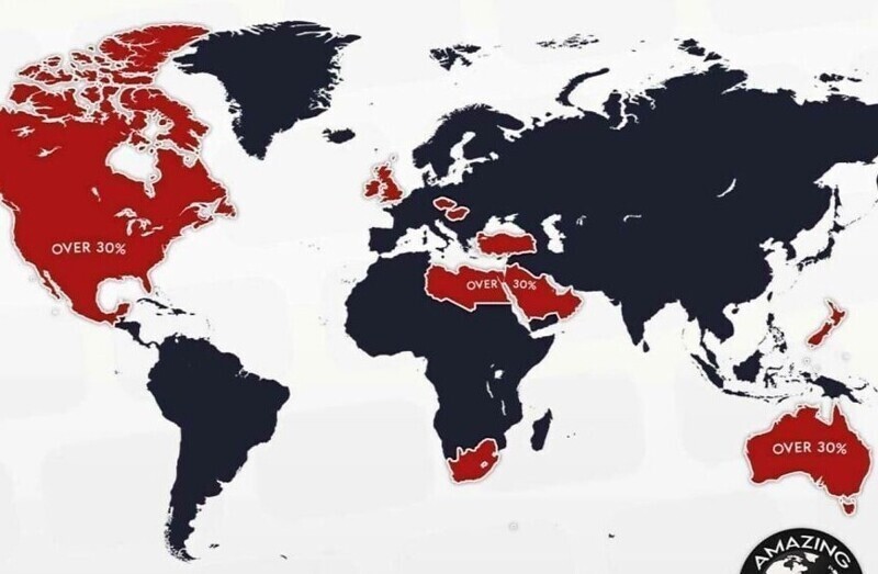 15. Красным цветом отмечены страны, в который более 30% населения страдает ожирением