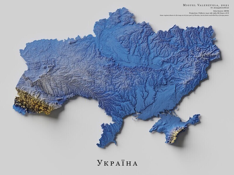 4. Топографическая карта Украины, трехмерное отображение рельефа