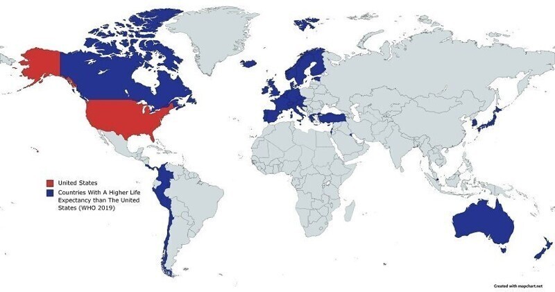 11. Синим цветом отмечены страны с более высокой продолжительностью жизни, чем в США